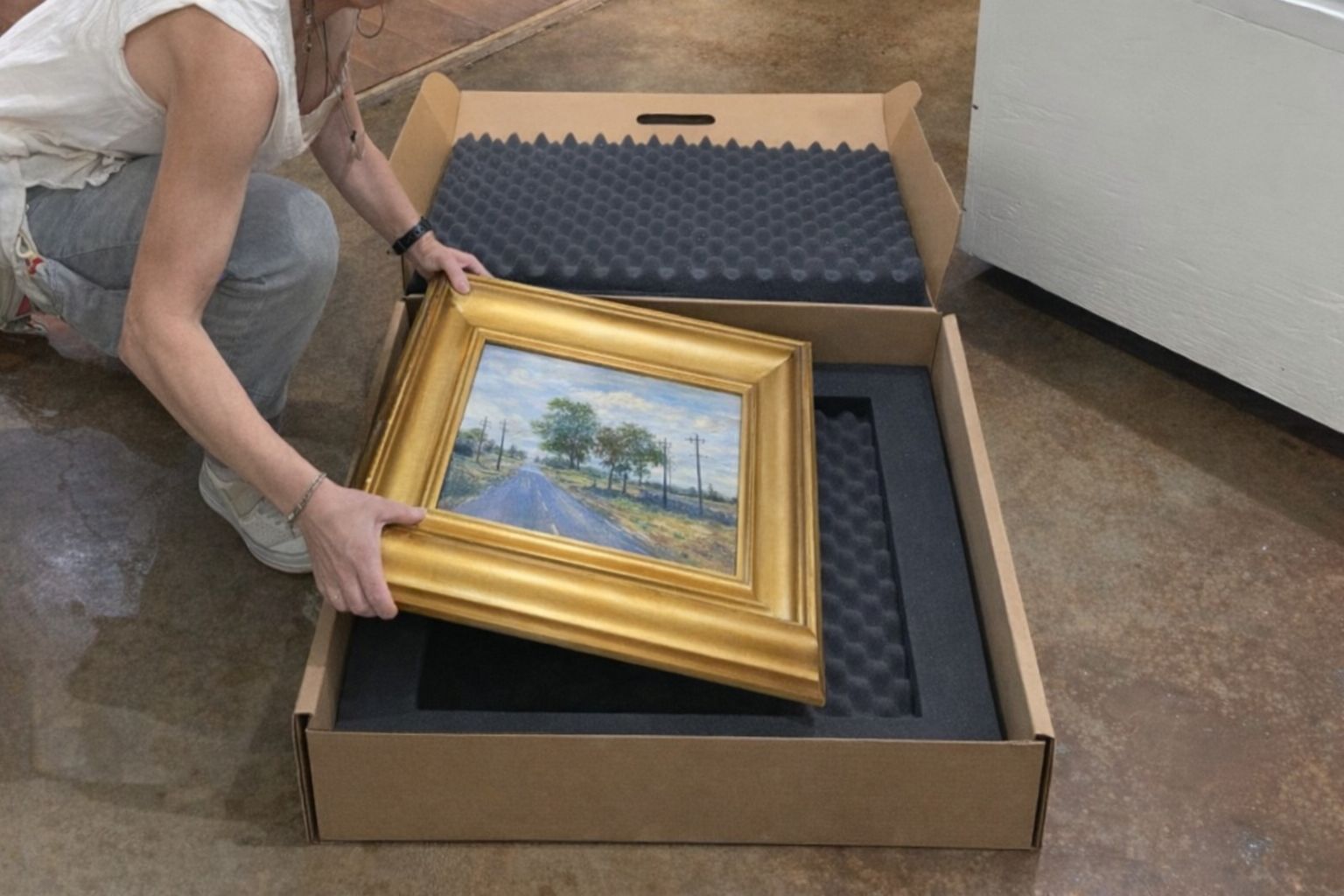 Eine Person verpackt ein gerahmtes Landschaftsgemälde sicher in einen Versandkarton.